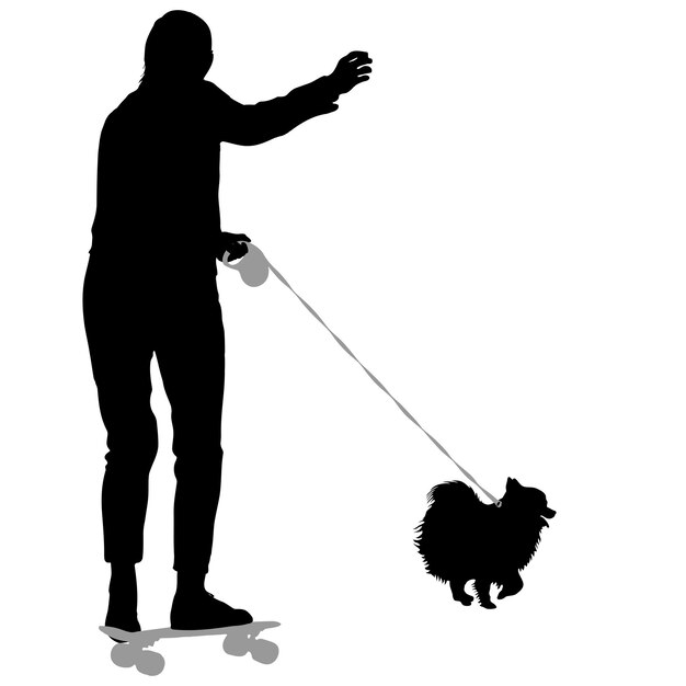 Silhouette of woman and dog on a white background