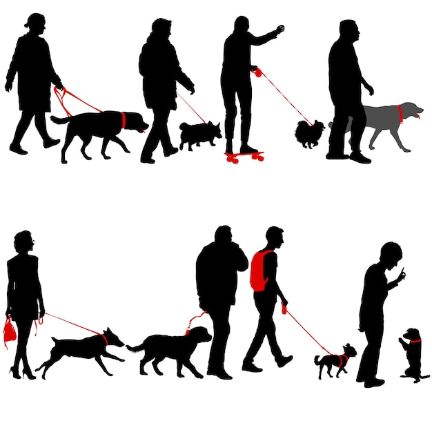 Vector silhouette of woman and dog on a white background