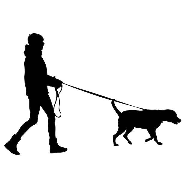 Vector silhouette of woman and dog on a white background