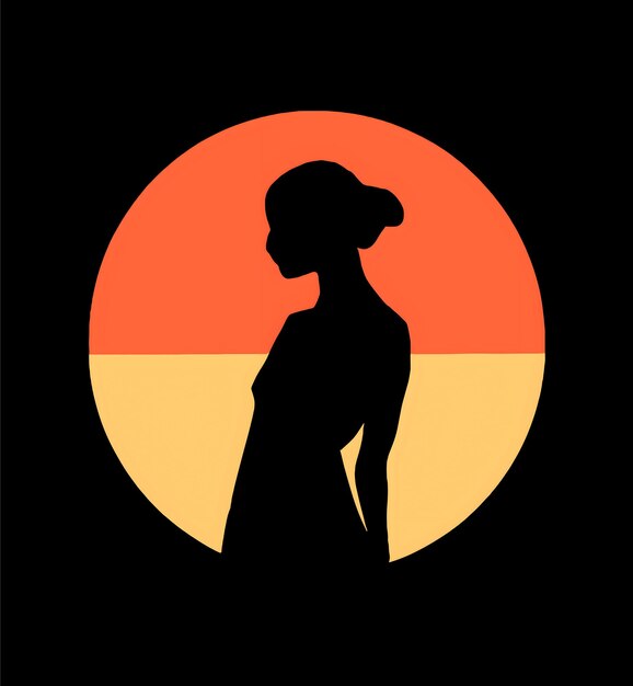 Vector a silhouette of a woman in a dress in front of a sunset