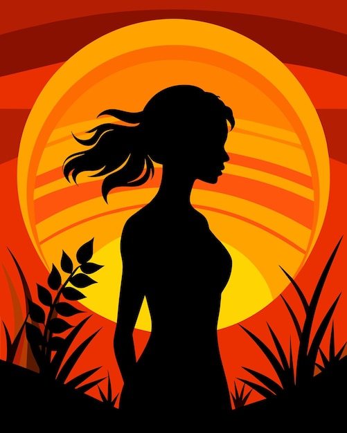 a silhouette of a woman in front of a sunset with the sun behind her