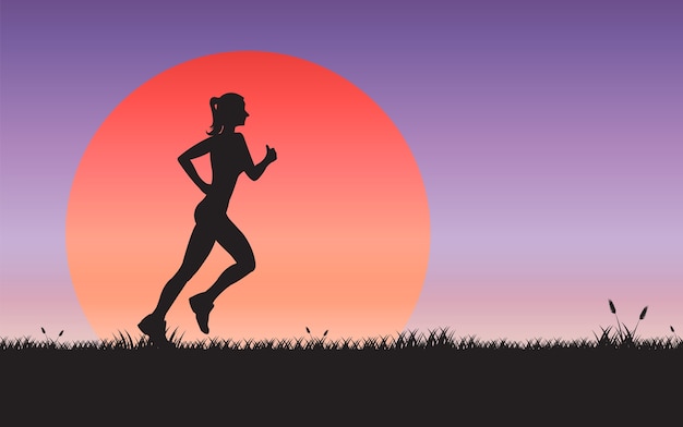 Vector silhouette woman jogging on sunset