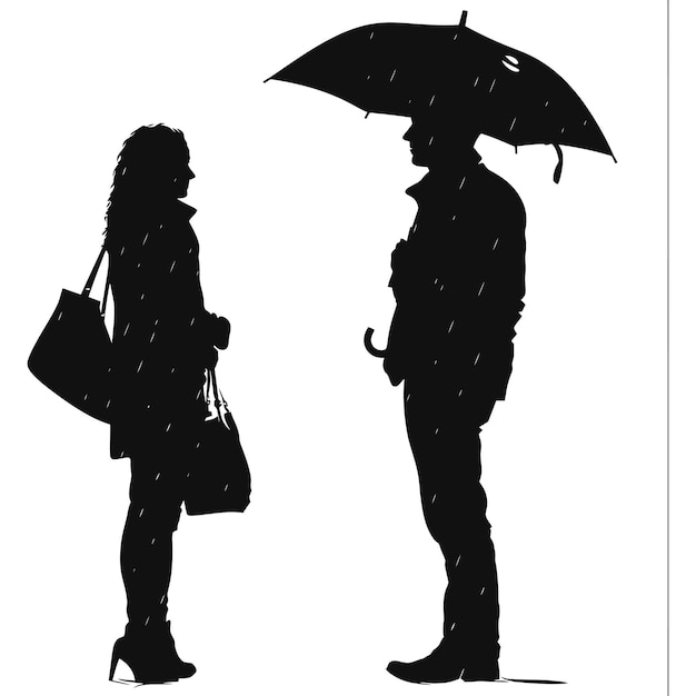 Silhouette woman and man with umbrella black color only full body