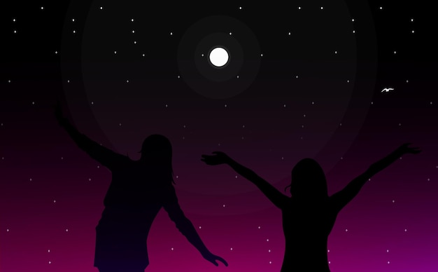 silhouette of woman in the night. freedom woman walpaper. night sky with stars. freedom. landscape.