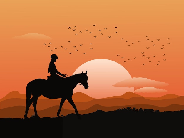 Vettore silhouette di una donna a cavallo in cima a una montagna con il tramonto sullo sfondo.