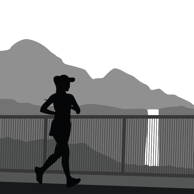 Vector silhouette of a woman running near the mountains