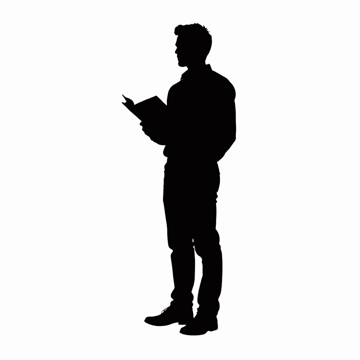 A silhouette of a woman standing and holding a book isolated white background