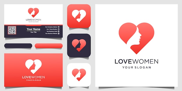 Silhouette woman and symbol heart logo and business card  , head, face logo isolated. use for beauty salon, spa, cosmetics design, etc