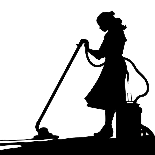 A silhouette of a woman using a vacuum cleaner