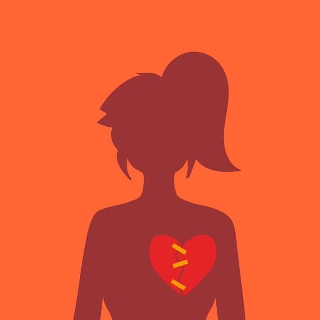 Vector silhouette of a woman with a broken heart which is glued together with an adhesive tape
