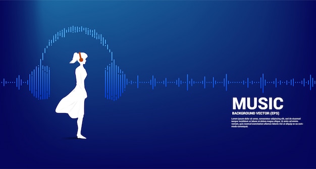 Silhouette of woman with headphone and sound wave music equalizer. audio visual headphone with line wave graphic style