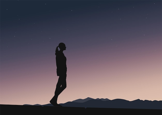 Vector silhouette of women in nature and sky, vector illustration.