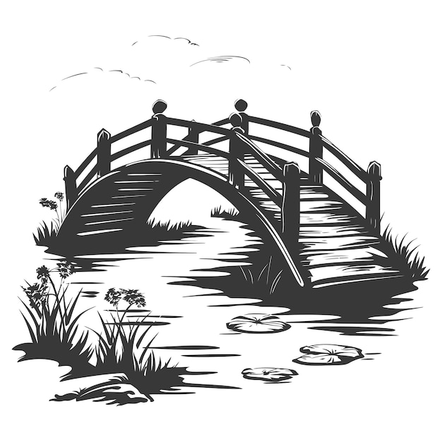 silhouette wooden bridge across the river full black color only