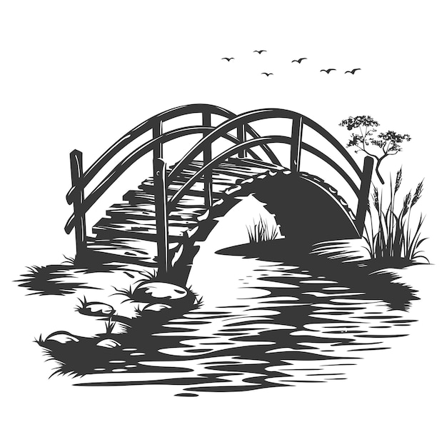 Vector silhouette wooden bridge across the river full black color only