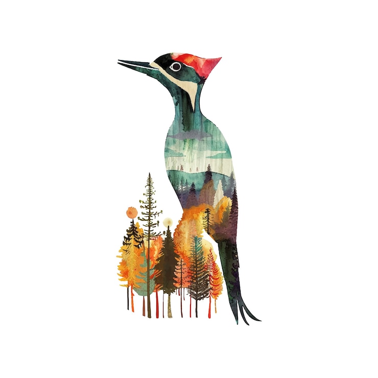 Vector silhouette woodpecker with forest scene inside vector illustration in watercolor style