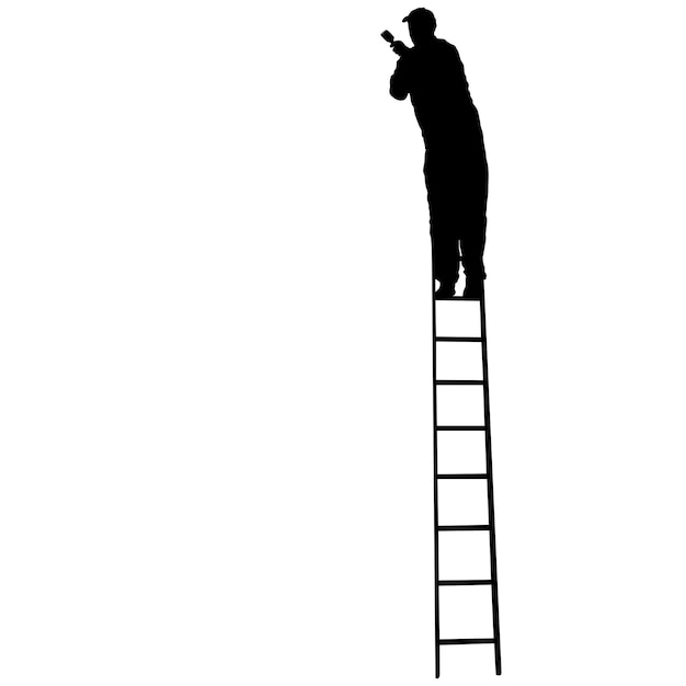 Silhouette worker climbing the ladder on white background