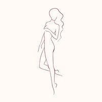 Siluetta di giovane bella donna nuda dai capelli lunghi con la figura esile, disegnata a mano con le linee di contorno.