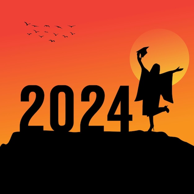 실루엣 어린 소녀 2024년 교육 축하 2024 개념 새해 2024년 졸업 프리미엄 벡터