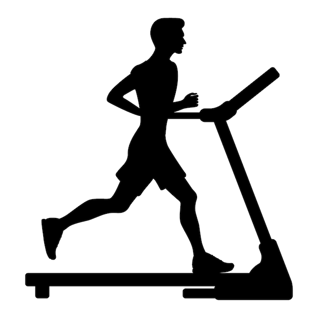 Silhouette of young man running on treadmill vector illustration in flat style