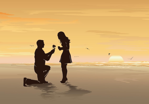 Vector silhouette of young man with rose proposing to his beloved on the sea beach background