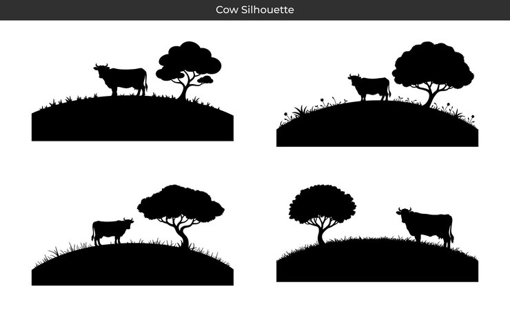 Vector silhouetted cows grazing on grassy hilltops with trees against a white background