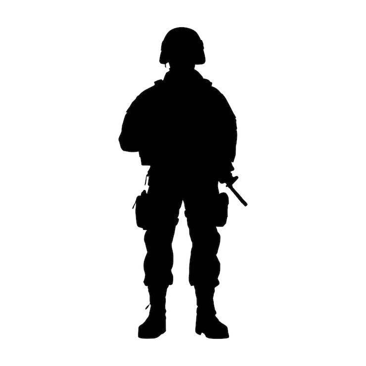 Vector silhouetted soldier with weapon on white background