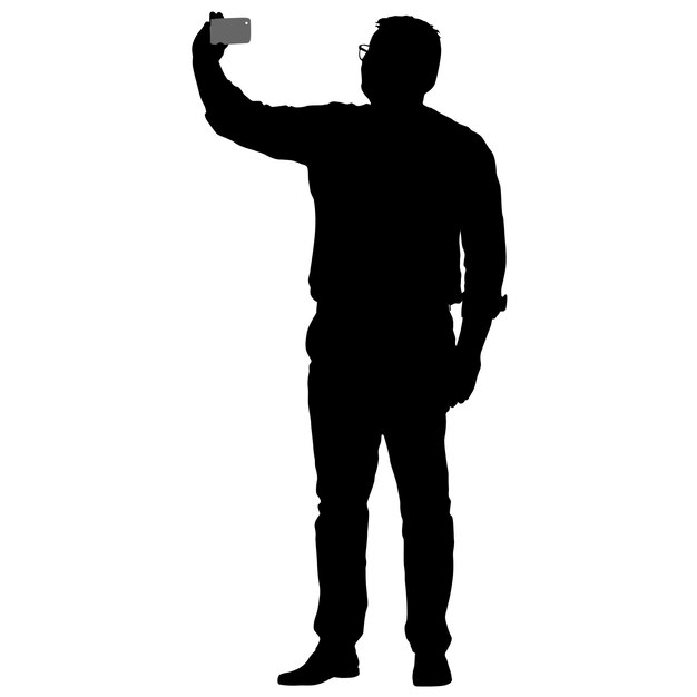 Vector silhouetten man die een selfie maakt met een smartphone op een witte achtergrond