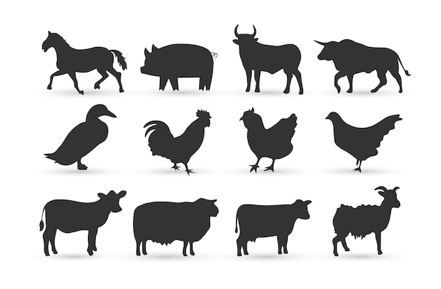 silhouetten van boerderijdieren, kippen, koeien, geiten, buffels, paarden, varkens en eenden