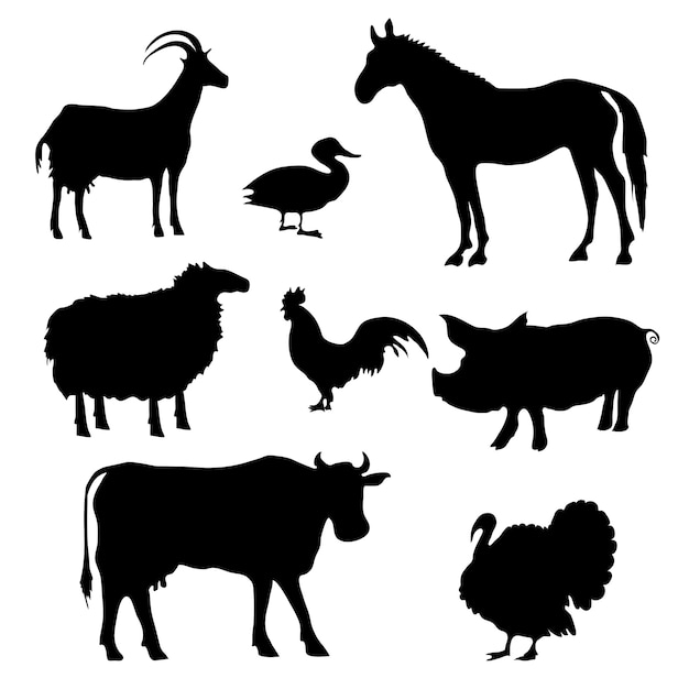 Silhouetten van boerderijdieren