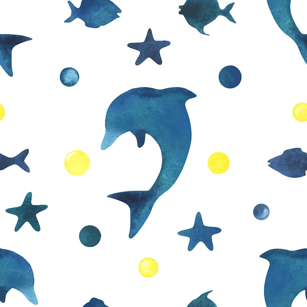 Silhouetten van een dolfijnvisster en stippen in blauwe turquoise en gele waterverf illustratie