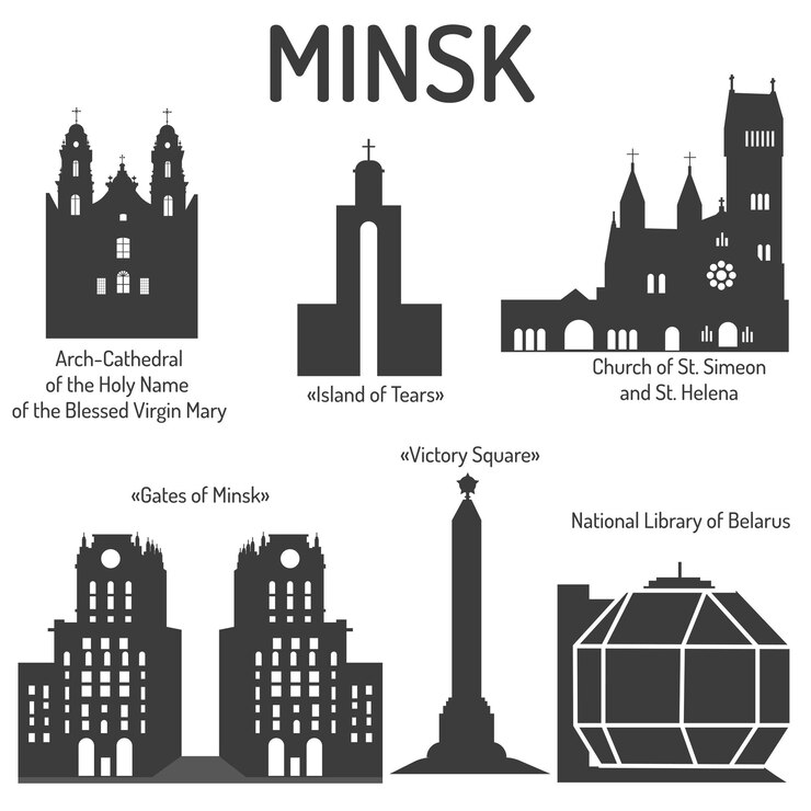 Silhouetten van gebouwen van de bezienswaardigheden van Minsk, Wit-Rusland.