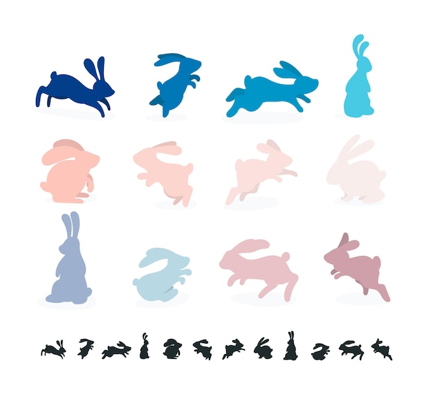 Silhouetten van gekleurde zwart witte konijntjes geïsoleerde achtergrond Chinese jaar van het konijn dierenriem Little bunny poster banner kalender Set van verschillende konijnen silhouetten voor ontwerp gebruik