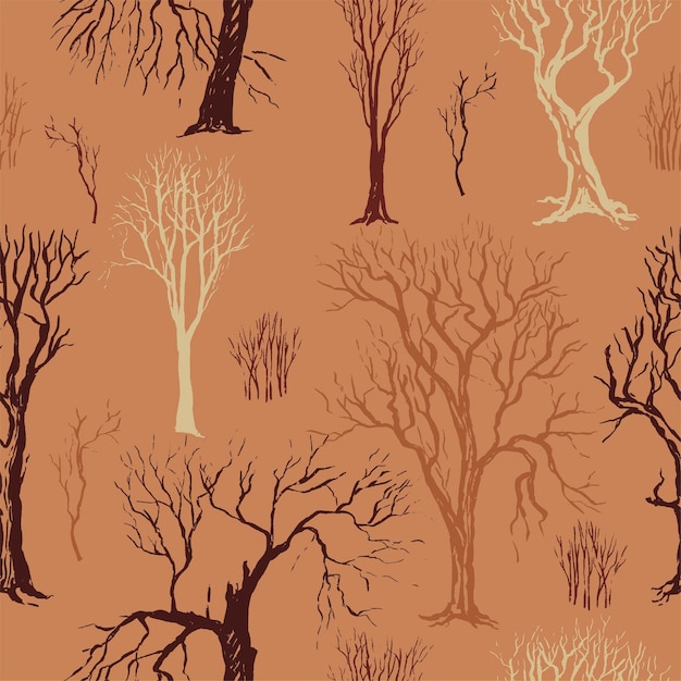 Silhouetten van kale bomen en struiken. Dicht bos naadloos patroon. Vectorillustratie in schetsstijl. Gekleurd ornament op moderne stijl voor stof, achtergrond, wallpapers.