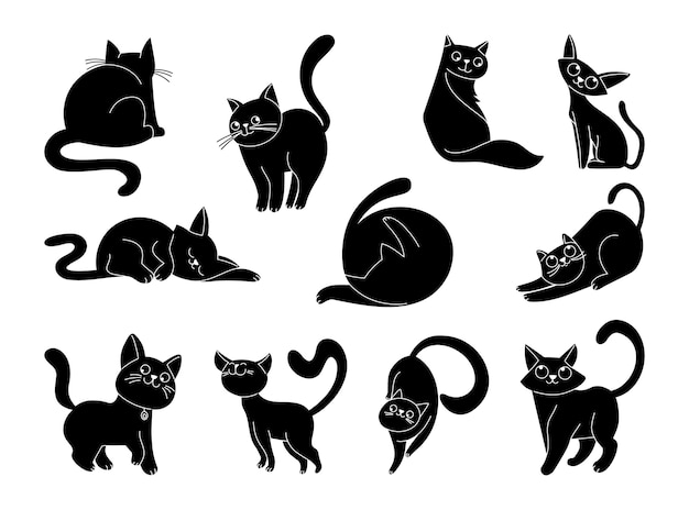 Vector silhouetten van katten in een met de hand getekend ontwerp