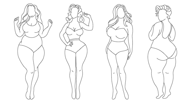 Silhouetten van vrouwen met verschillende figuren, set, schets. Body positiviteit concept. Lijntekeningen, vector