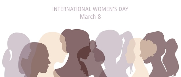 Silhouetten van vrouwen van verschillende nationaliteiten die samen staan. Internationale Vrouwendag banner.