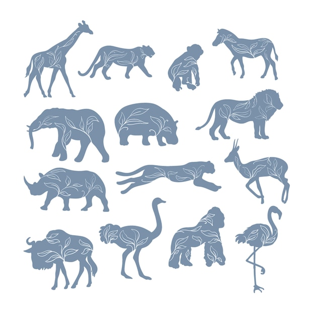 Silhouettes of African animals with decorative plants isolated