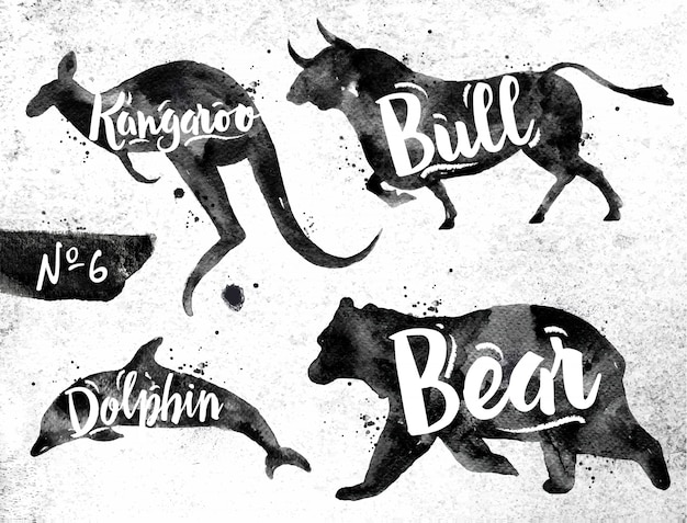 Vector silhouettes of animal dolphin, bear, bull, kangaroo