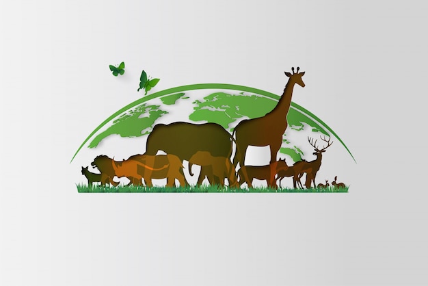 Premium Vector | Silhouettes animals paper cut style. save animals