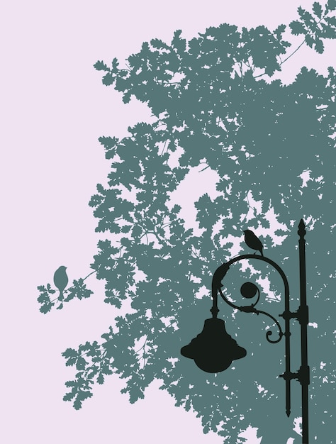 Vector silhouettes of birds tree and lantern in the evening summer park