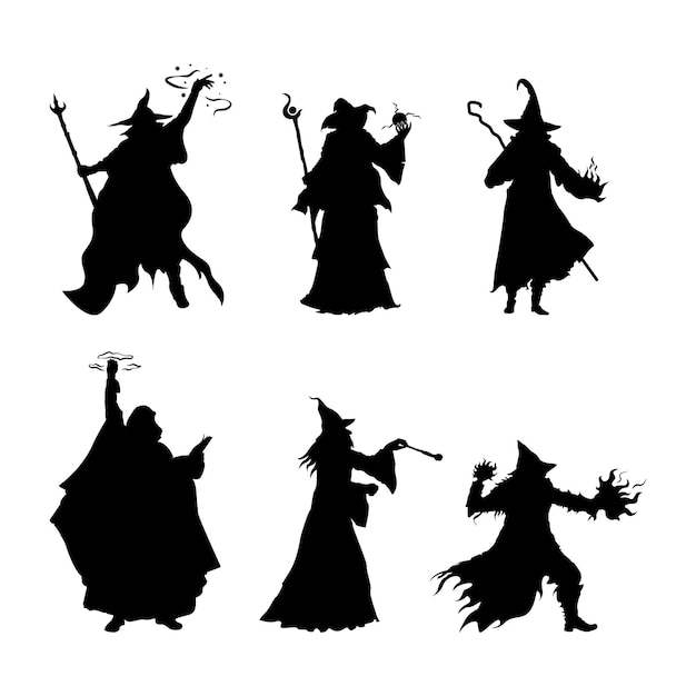 Silhouettes of Black Wizards with Wands and Spells