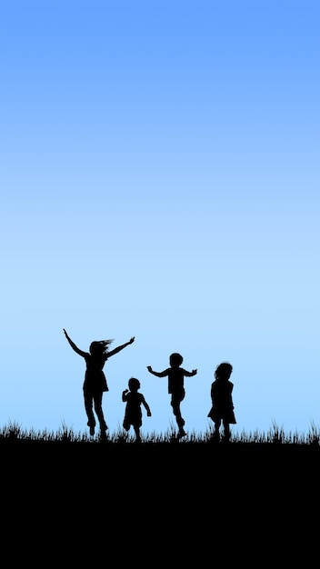 透明な青い空の背景に草の上で遊んでいる子供たちのシルエットが 自由の精神を体現しています