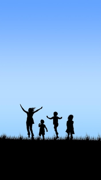 Vector silhouettes of children playing on grass against a clear blue sky embodying the spirit of freedom