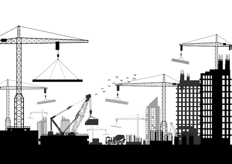 Vector silhouettes of cranes working on the building