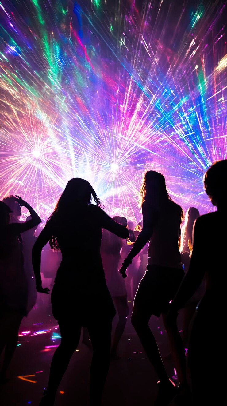 Vector silhouettes of dancing crowd with fireworks and lasers for new year party dancing and party vibes