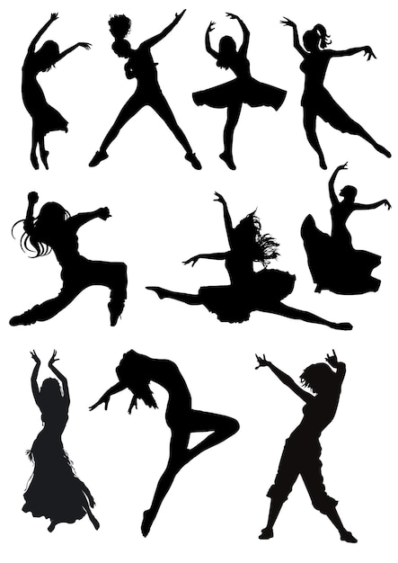 Vector silhouettes of dancing girls black and white vector illustration