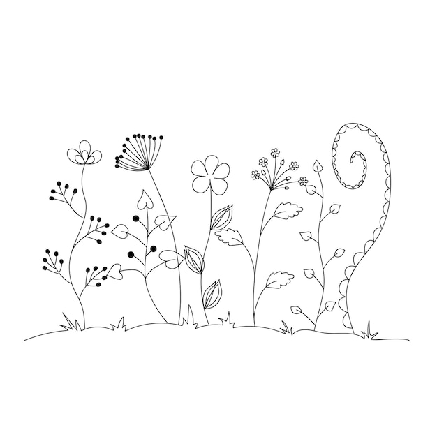 Silhouettes of different wild flowers from simple lines on a white Design for logo flyer brand book