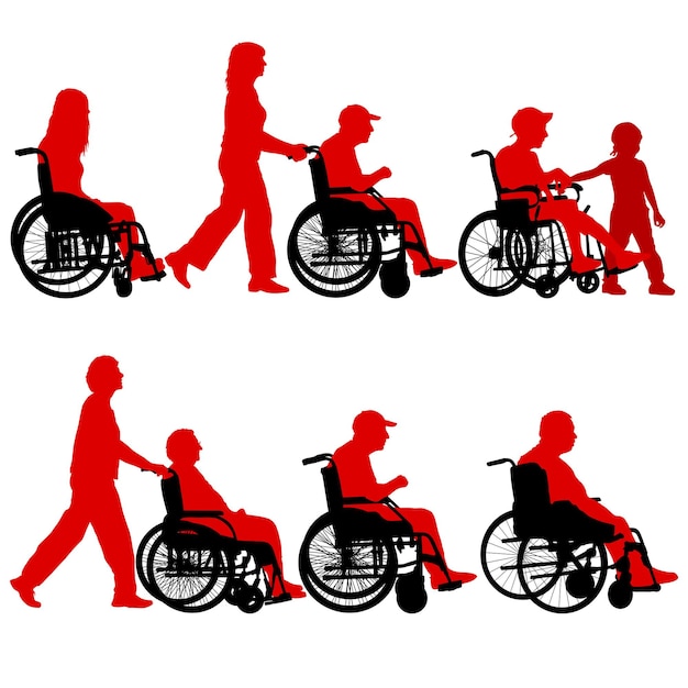 Silhouettes disabled in a wheel chair on a white background