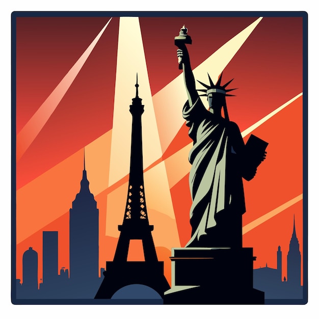 Vector silhouettes of famous landmarks against an orange sunset