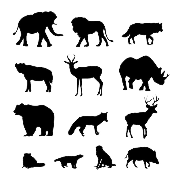 Silhouettes of forest animals on isolated white background. vector illustration.